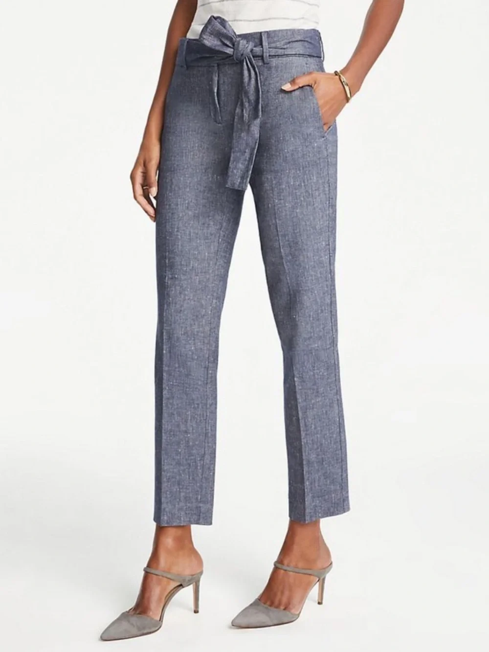 Ann Taylor Linen Chambray Tie-Waist Cropped Straight-Leg Pants - Picture 1 of 8